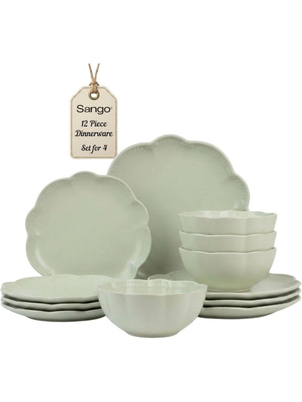 12-Piece Sage Green Scalloped Dinnerware Set for 4 | Chip Resistant, Ceramic